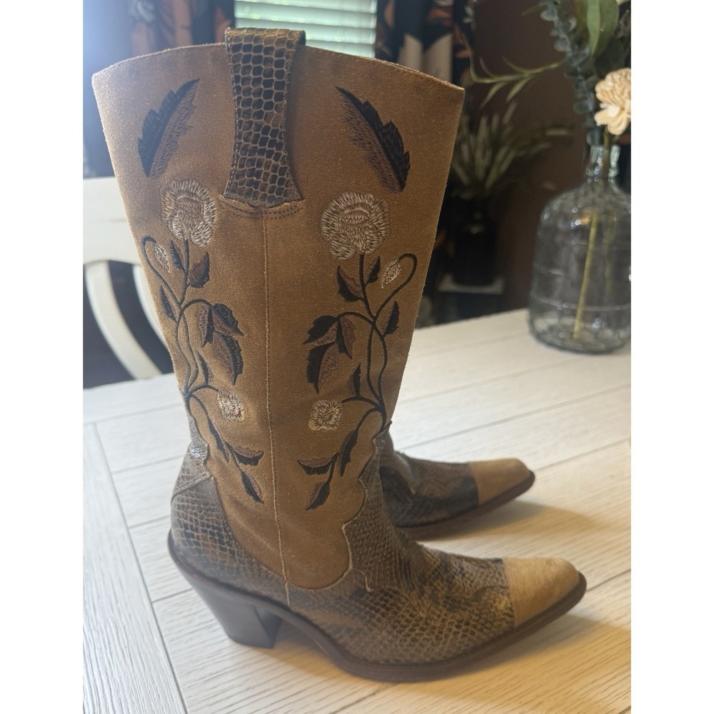 Antonio Melani Vintage Brown Boots Embroidery‎ Snake Print 3" Heel Women's 6M